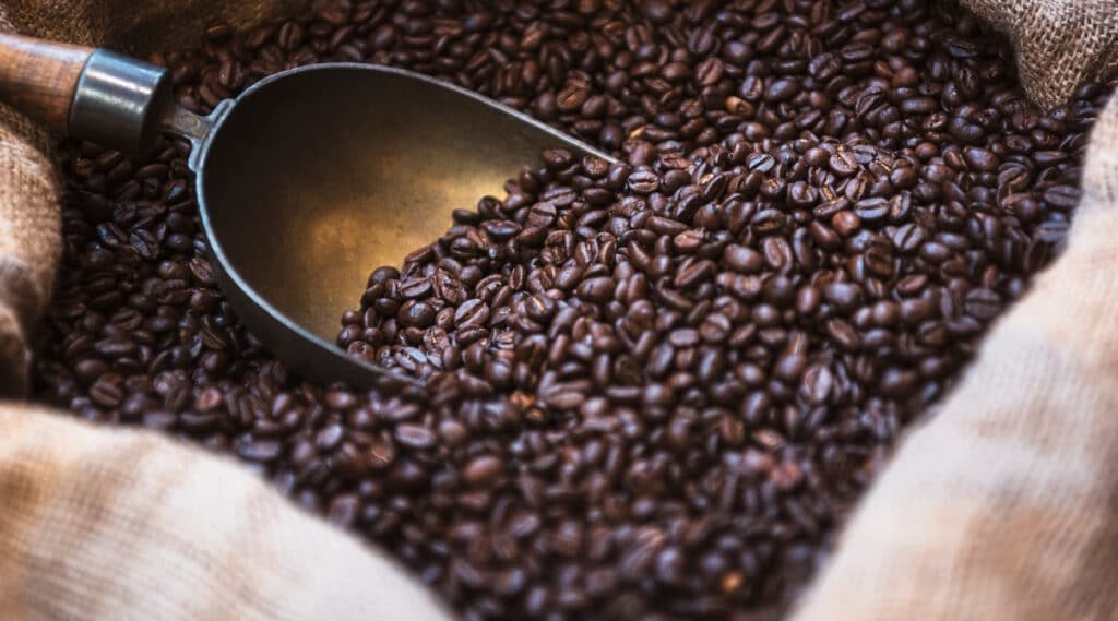 Large bag of arabica coffee beans.