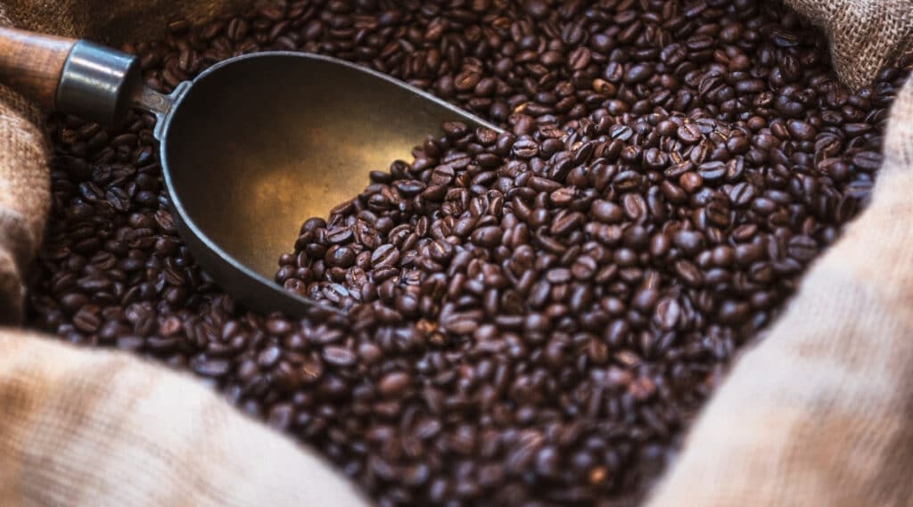 Large bag of arabica coffee beans. 