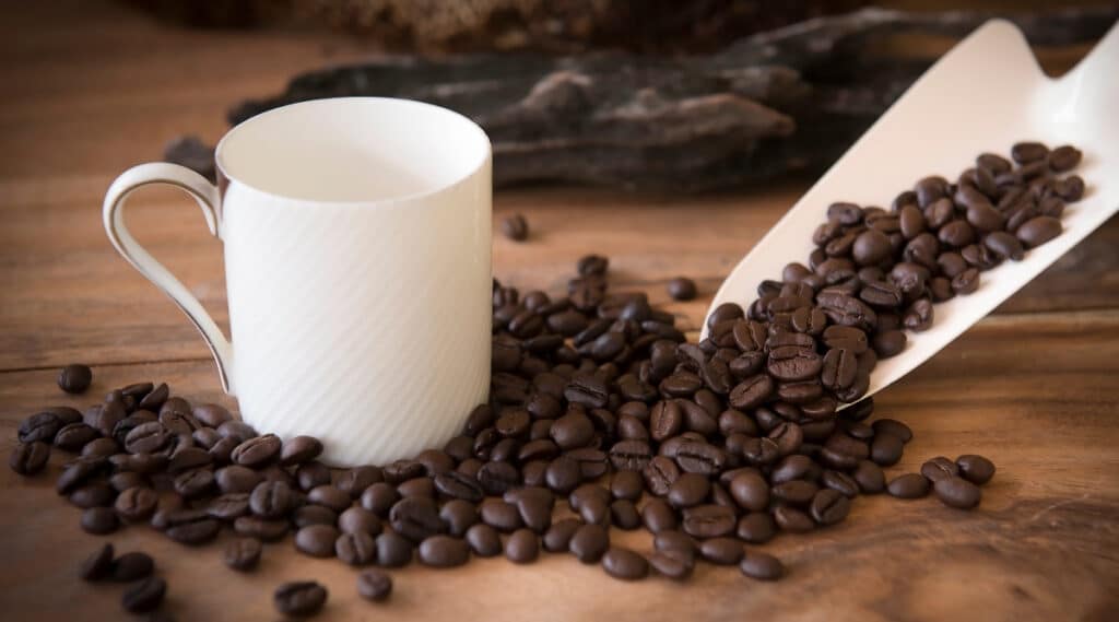 Coffee cup surrounded by quality espresso beans. 